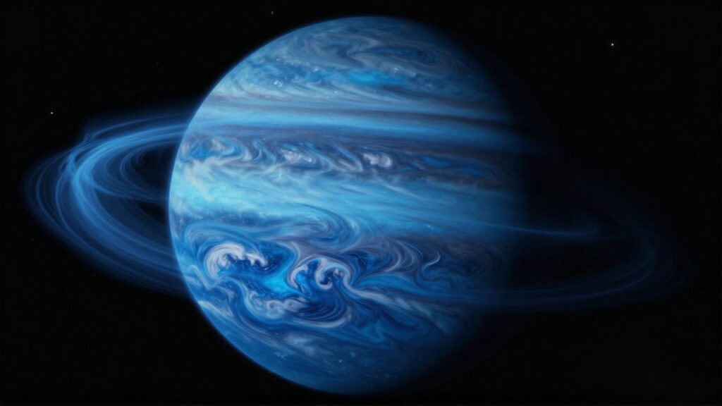 El planeta Neptuno muestra su atmósfera azul turbulenta con patrones de tormentas y nubes de metano.
