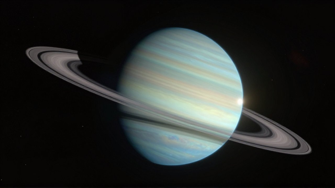 El planeta Urano con su tono cian inclinado en la oscuridad del espacio profundo.
