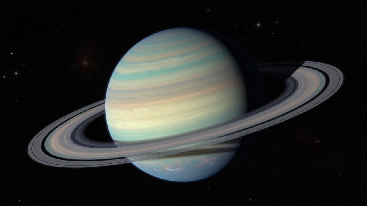 El planeta Urano inclinado sobre su costado con anillos brillantes rodeado de estrellas y nebulosas.