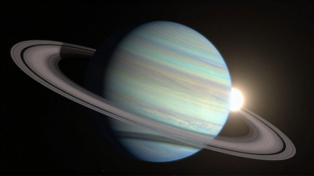 El planeta Urano se muestra inclinado con sus anillos tenues sobre un fondo de espacio profundo.
