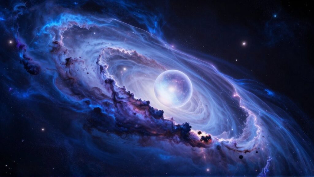 Un universo esférico flota como una burbuja frente a una grieta cósmica de nebulosas azules y violetas.