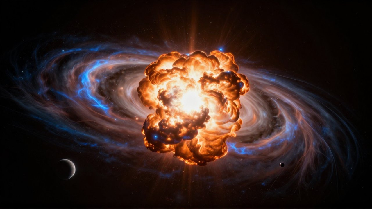 Gran explosión de supernova con ondas de plasma naranja y azul rodeando planetas lejanos.