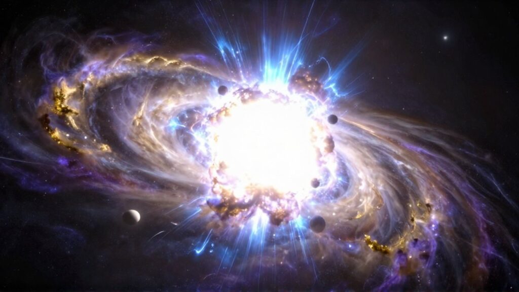 Explosión masiva de una supernova con luz azul y blanca expandiéndose entre planetas y nebulosas.