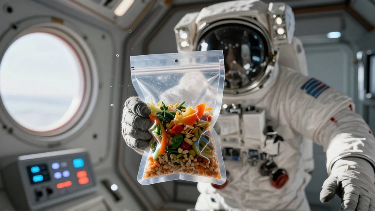 Astronauta flotando en una nave espacial sosteniendo un paquete de comida deshidratada en microgravedad.