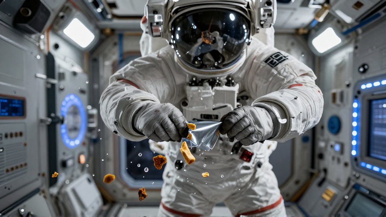 Astronauta en una estación espacial flotando en gravedad cero mientras manipula un paquete de comida.