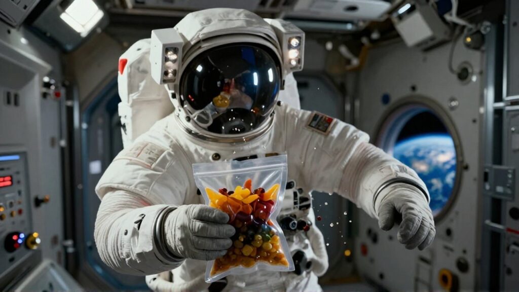 Astronauta en gravedad cero sosteniendo un paquete de comida deshidratada dentro de una estación espacial.
