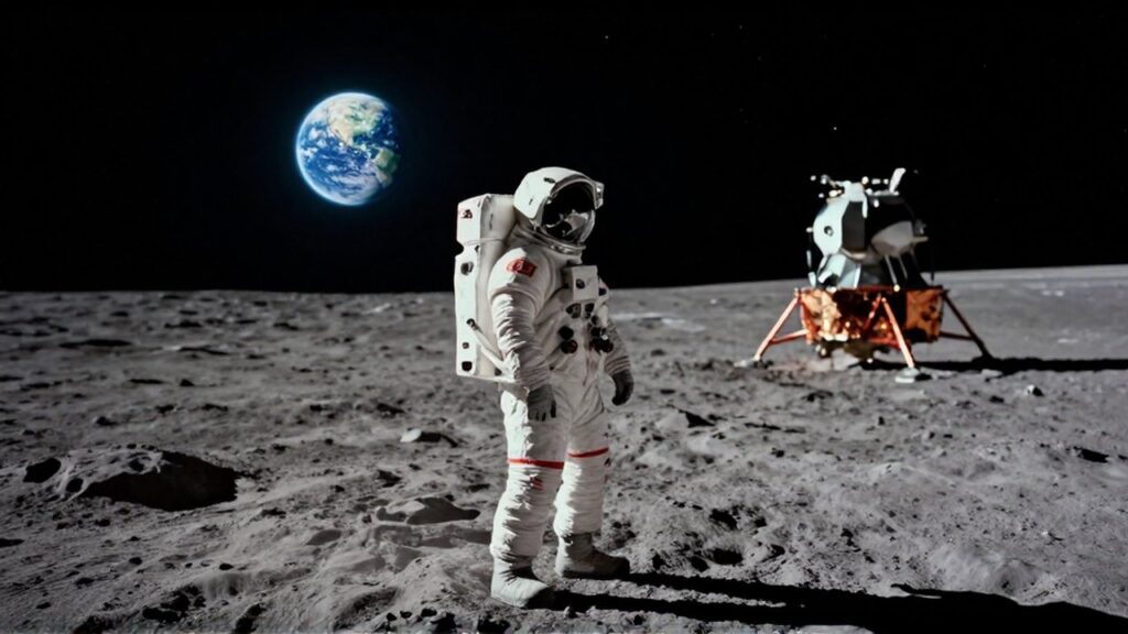 Astronauta con traje moderno contemplando la Tierra que surge sobre el horizonte de la luna.