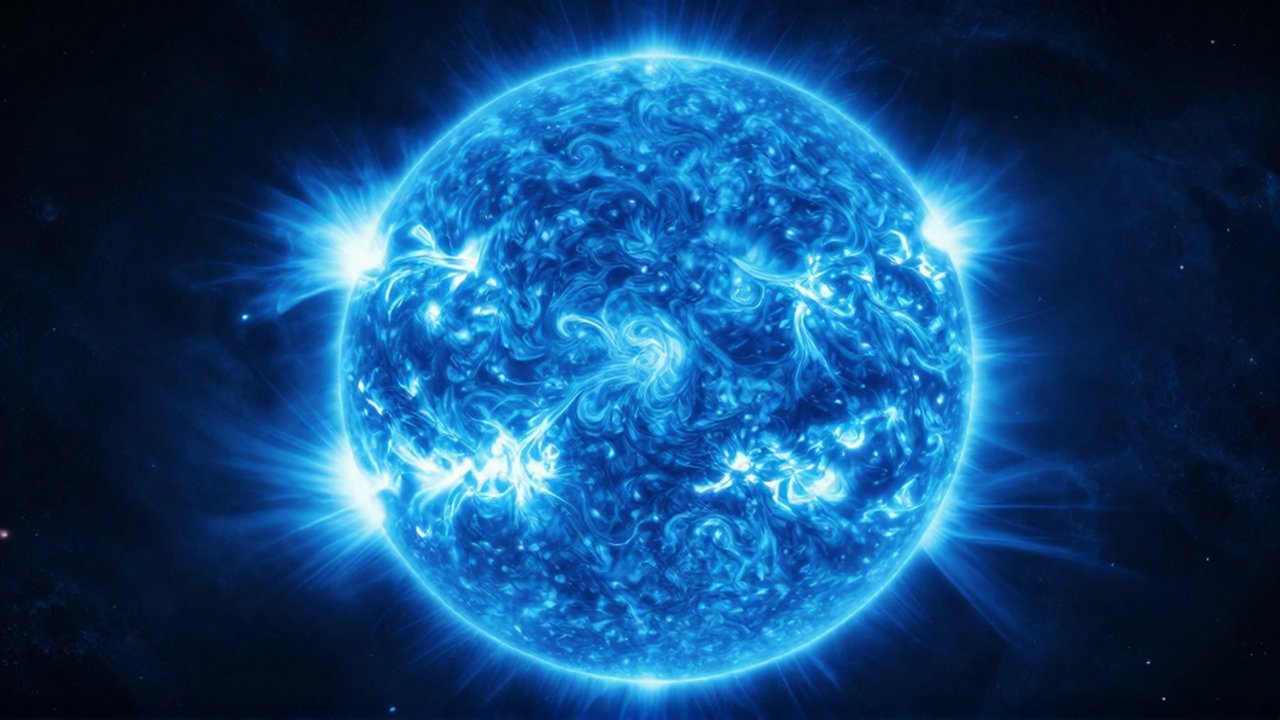 Gigantesca estrella azul con llamaradas solares y plasma activo sobre un fondo de nebulosas espaciales.