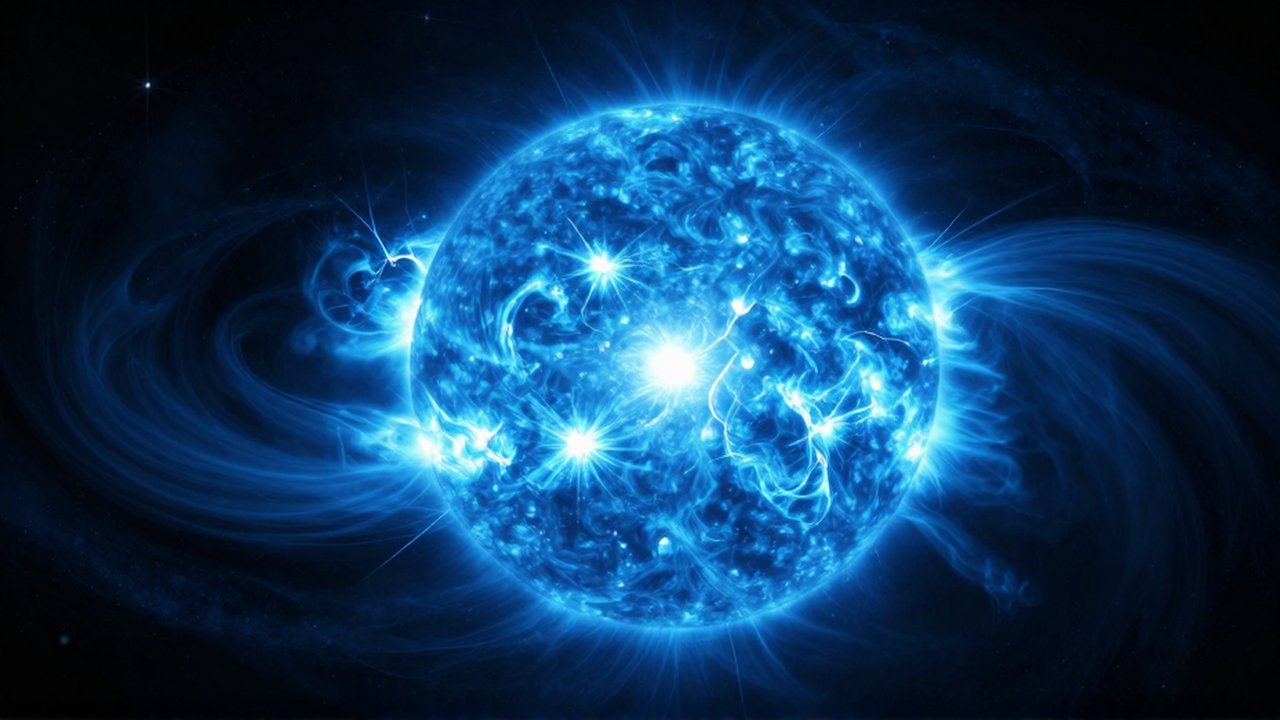 Gigante azul resplandeciente con intensas llamaradas y nubes de plasma entre el vacío cósmico.
