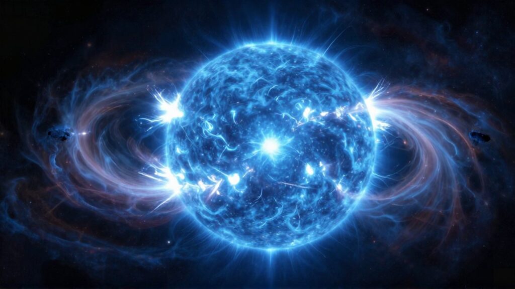 Estrella gigante azul con intensos destellos y llamaradas solares rodeada de una nebulosa cósmica.