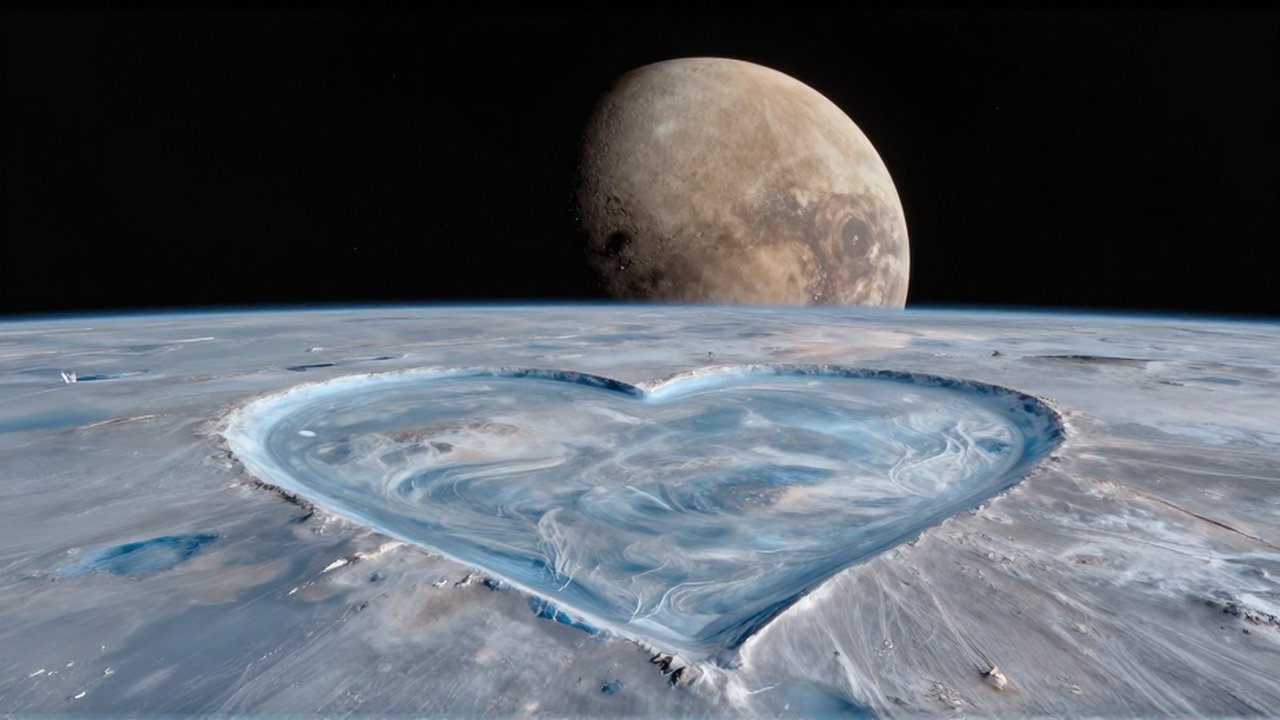 El planeta enano Plutón con su glaciar en forma de corazón frente a la luna Caronte en el espacio profundo.
