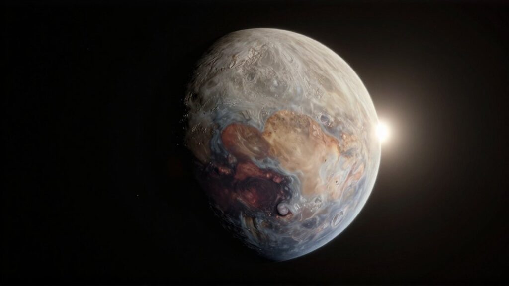 El planeta enano Plutón con su glaciar en forma de corazón flotando en el vacío espacial.