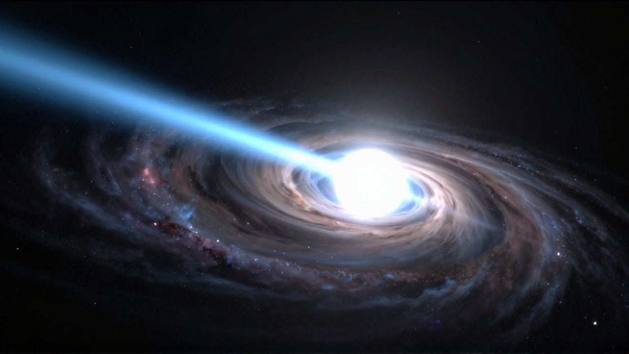 Púlsar girando velozmente en el espacio con intensos haces de luz azul y un disco de gas.
