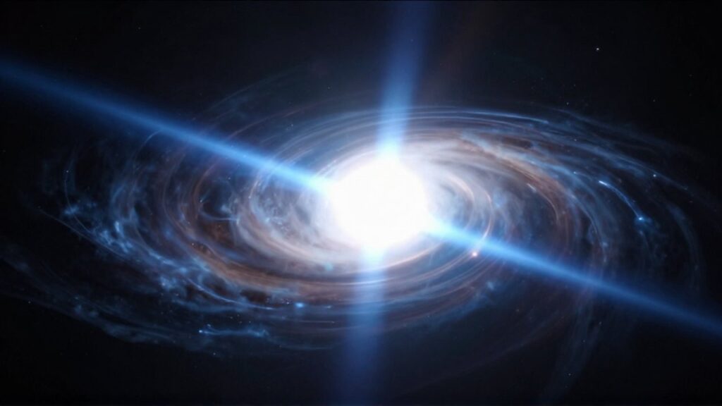 Púlsar girando velozmente con intensos haces de luz azul brotando de sus polos magnéticos.