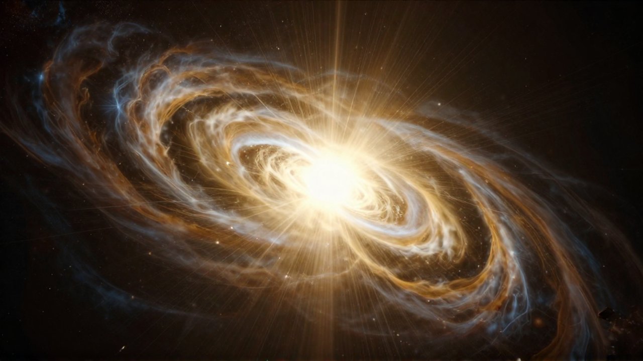 Explosión de luz dorada y partículas brillantes expandiéndose desde un punto central hacia la oscuridad del espacio.