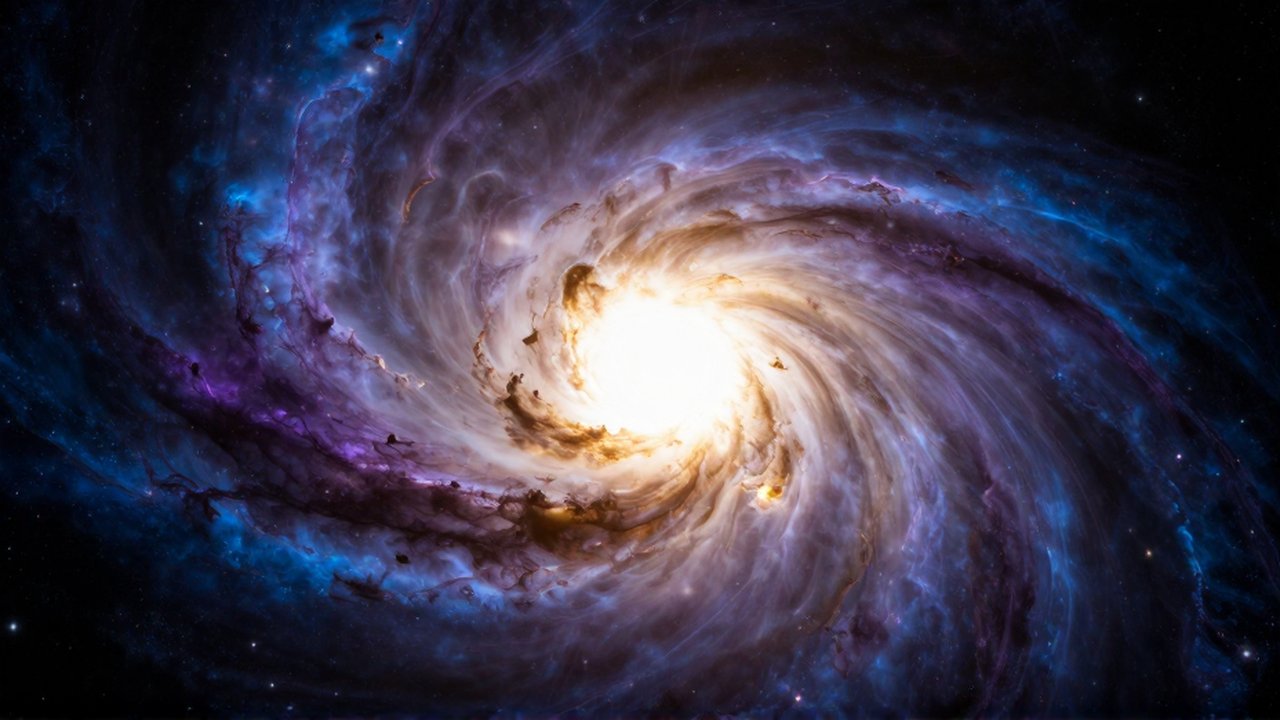 Explosión cósmica masiva con un núcleo brillante de luz dorada y ondas de gas violeta.