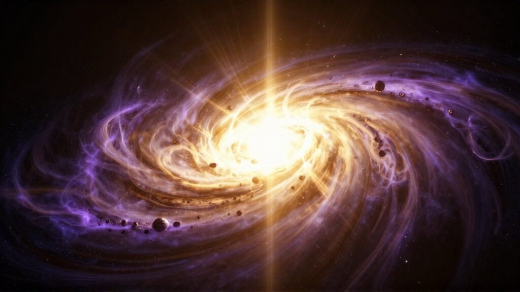 Explosión monumental de luz y energía cósmica expandiéndose entre gases dorados y violetas en el espacio.