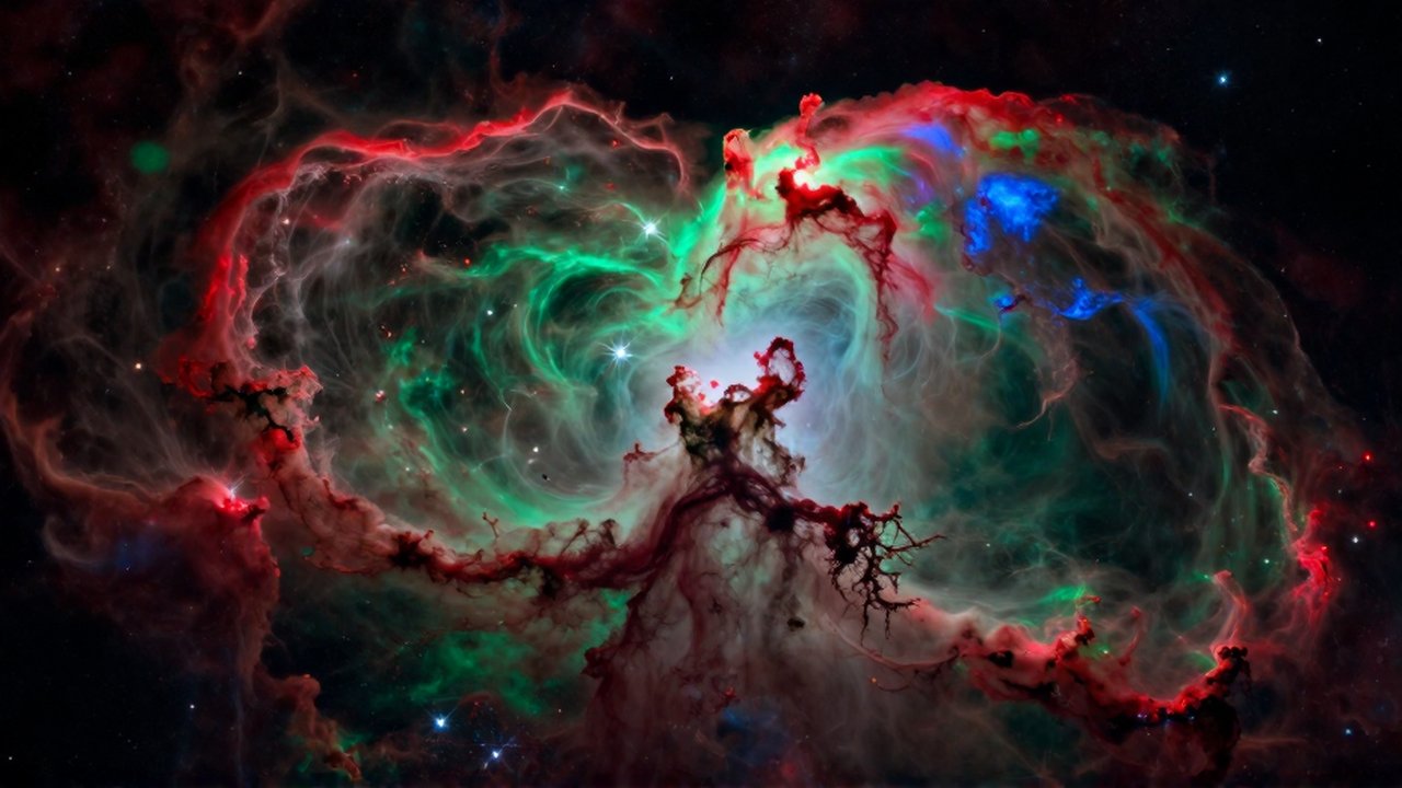 Nebulosa interestelar con nubes de gas en tonos rojos, verdes y azules salpicadas de estrellas.