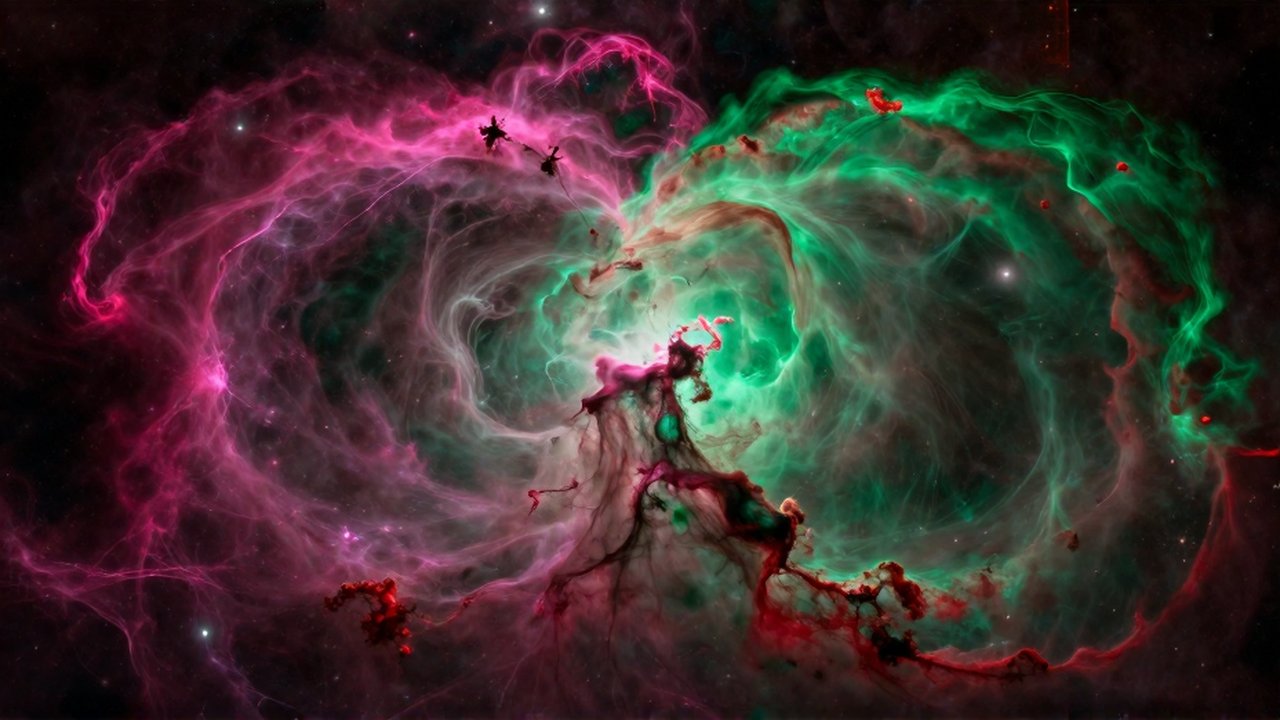 Nebulosa interestelar con nubes de gas brillante en tonos magenta, verde esmeralda y filamentos de polvo cósmico.