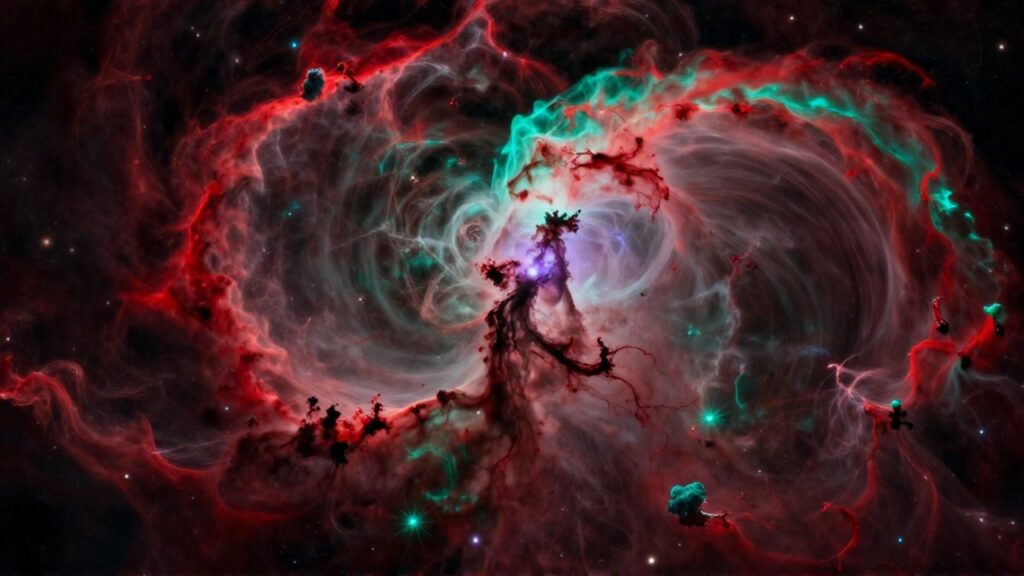 Vibrante nebulosa cósmica con nubes de gas en tonos rojos