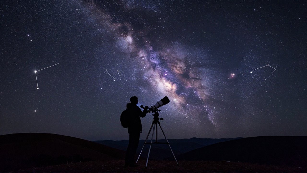 Astrónomo observando la Vía Láctea y constelaciones con un telescopio desde una montaña.