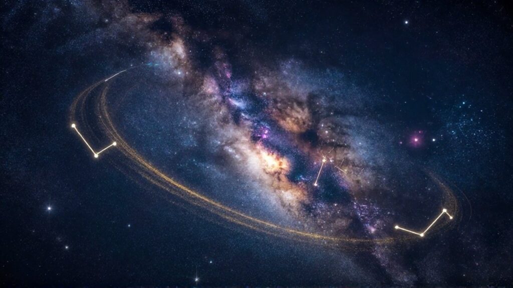 Camino de polvo estelar dorado atravesando constelaciones del zodiaco entre nebulosas violetas y azules.