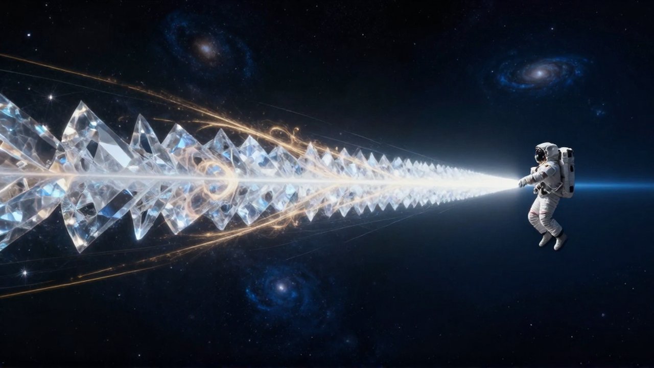 Un astronauta solitario flota frente a un inmenso muro de luz cristalina en el espacio profundo.