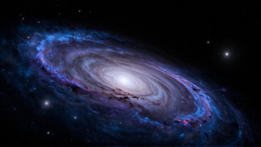 Curvatura luminosa de galaxias y polvo cósmico que marca el límite del universo hacia la oscuridad.