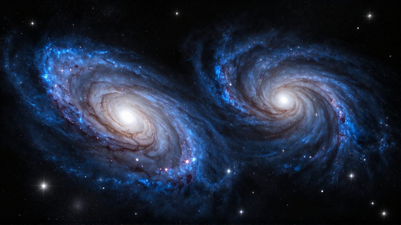 Dos galaxias espirales colisionan en el espacio profundo entre estelas de gas y estrellas brillantes.