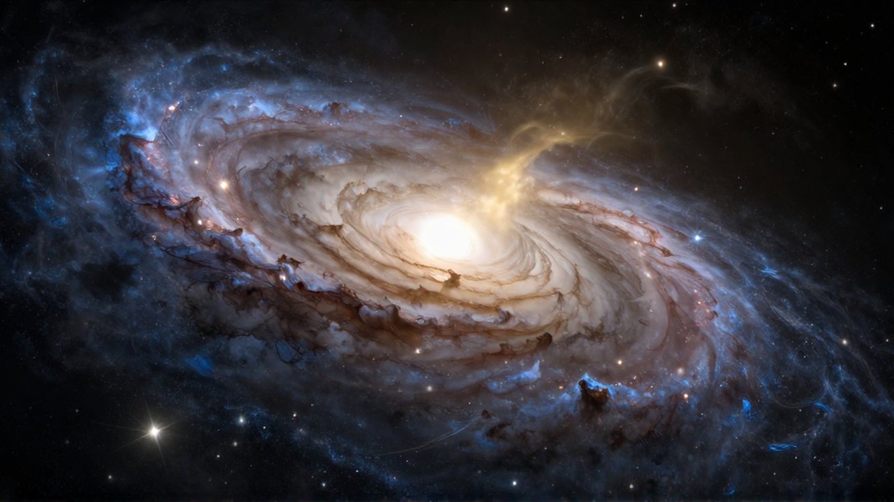 Dos galaxias espirales masivas colisionan en el espacio profundo entre nubes de gas y estrellas brillantes.