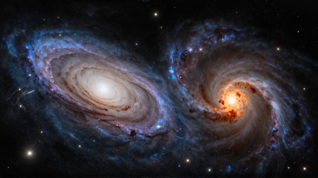 Colisión galáctica masiva entre dos galaxias espirales con estelas de estrellas y nubes de polvo brillante.