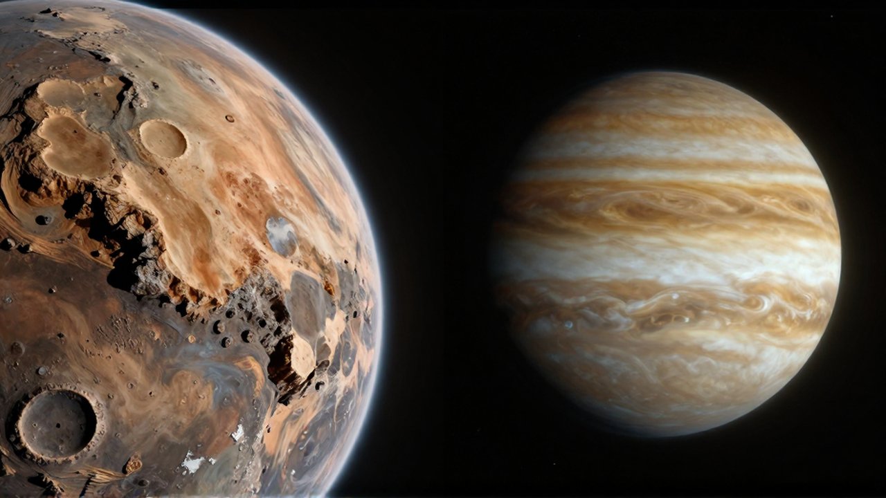 Comparación de un planeta rocoso con cráteres frente a un gigante gaseoso con bandas atmosféricas.