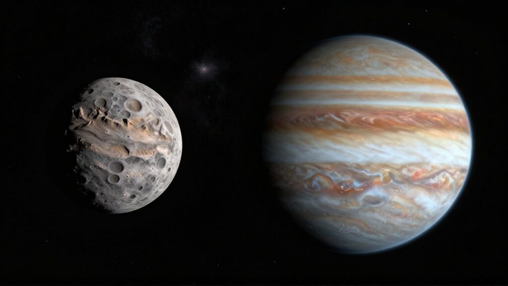 Comparación espacial entre un pequeño planeta rocoso con cráteres y un gigante gaseoso con bandas de colores.