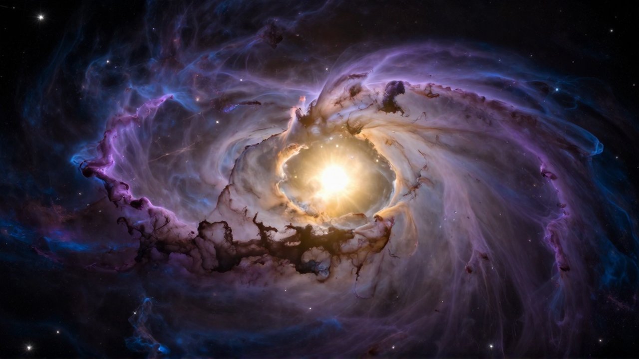 Brillante estrella recién nacida rodeada de nubes de gas violeta y azul en el espacio profundo.
