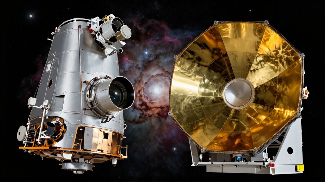 Comparación entre el telescopio Hubble y el James Webb frente a un fondo de nebulosas.