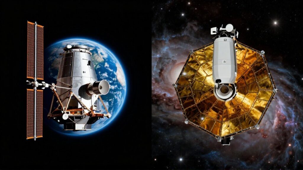 Comparación entre el telescopio Hubble orbitando la Tierra y el James Webb frente a una nebulosa infrarroja.