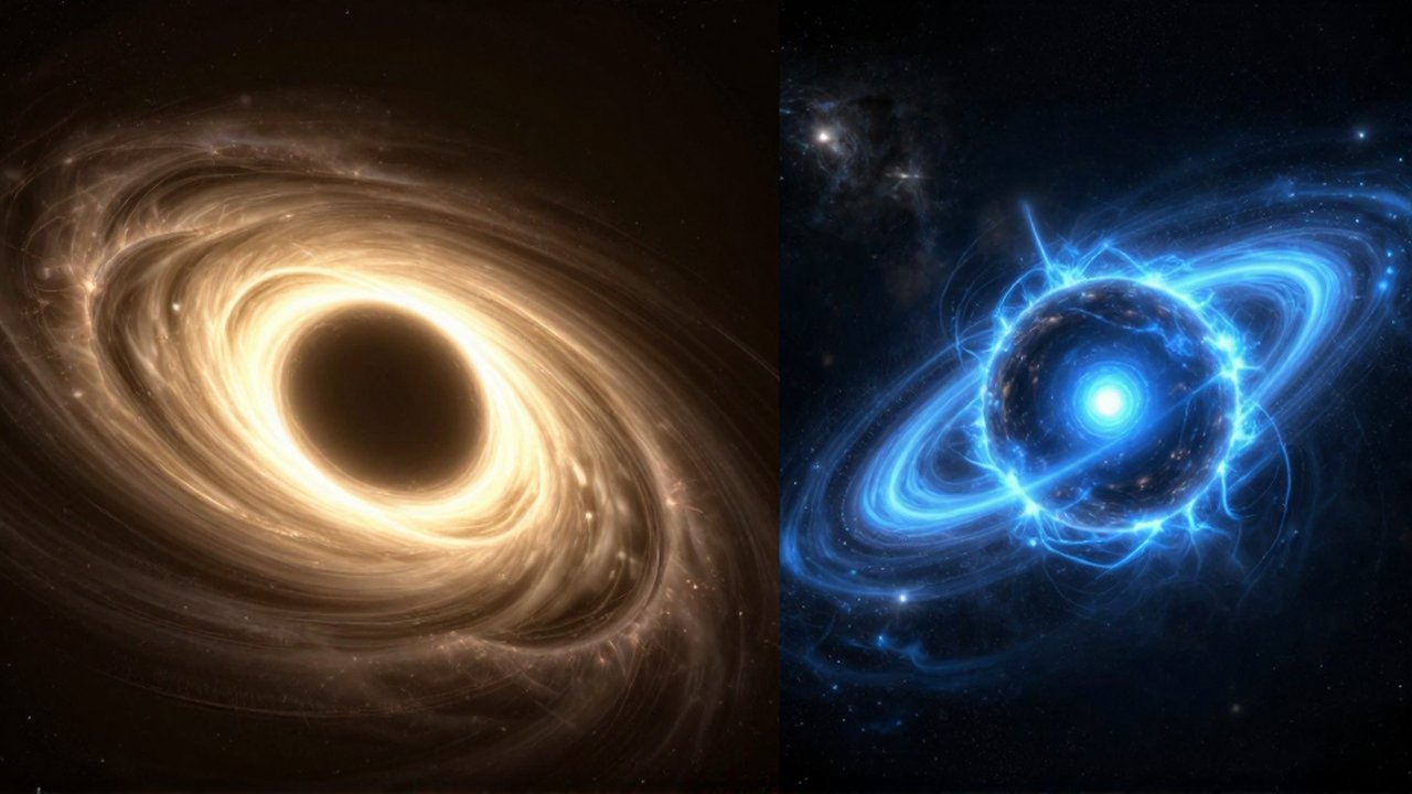 Pantalla dividida que muestra un agujero negro con disco dorado y una estrella de neutrones con chorros azules.
