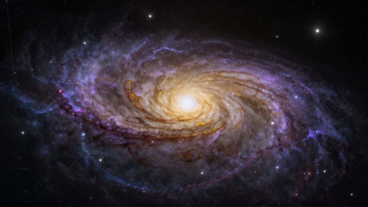 Vasta galaxia espiral con luces doradas y nebulosas violetas entre cúmulos de estrellas distantes.