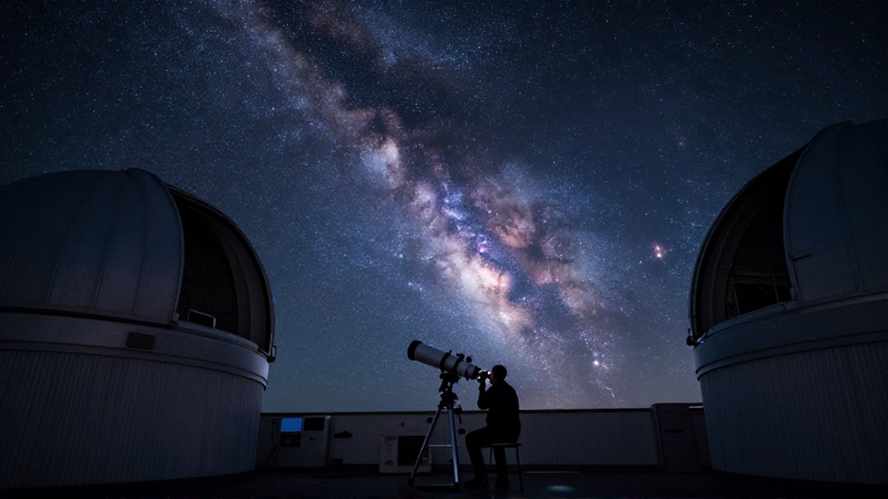 Astronomo solitario observando la Vía Láctea y nebulosas a través de un gran telescopio en un observatorio.