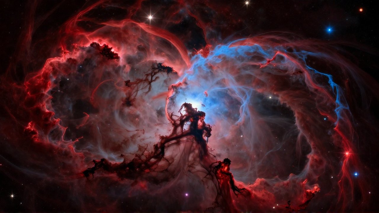 Nebulosa de gas brillante con volutas de luz roja y azul entre cúmulos de estrellas.