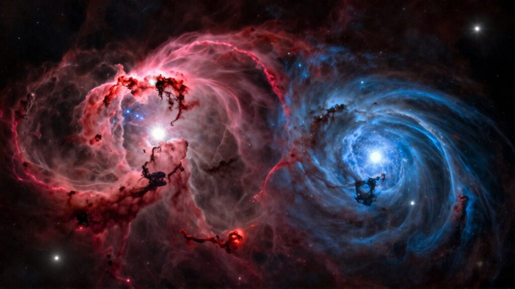 Nebulosa de gases cálidos en tonos rosa y carmesí junto a una nebulosa azul etérea entre estrellas.