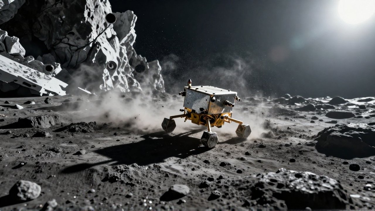 El módulo Philae descendiendo sobre la accidentada y polvorienta superficie del cometa 67P.