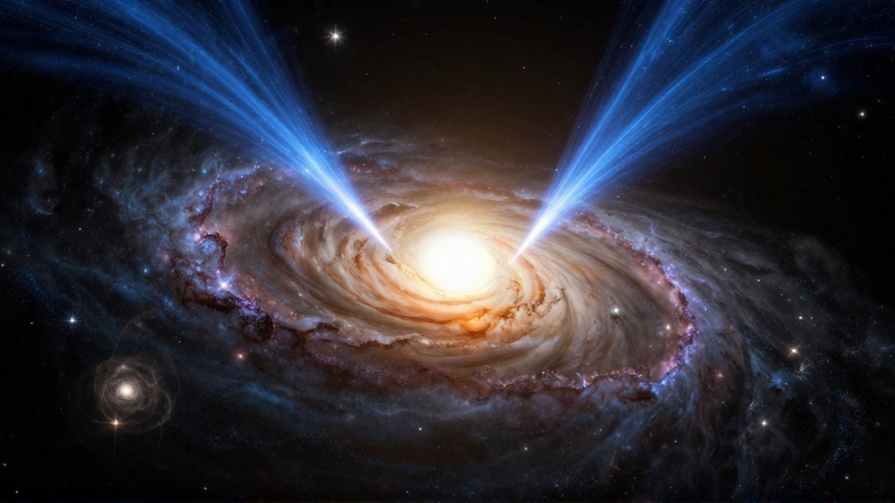 Agujero negro supermasivo con un disco de gas dorado y chorros de plasma azul en el centro de una galaxia.