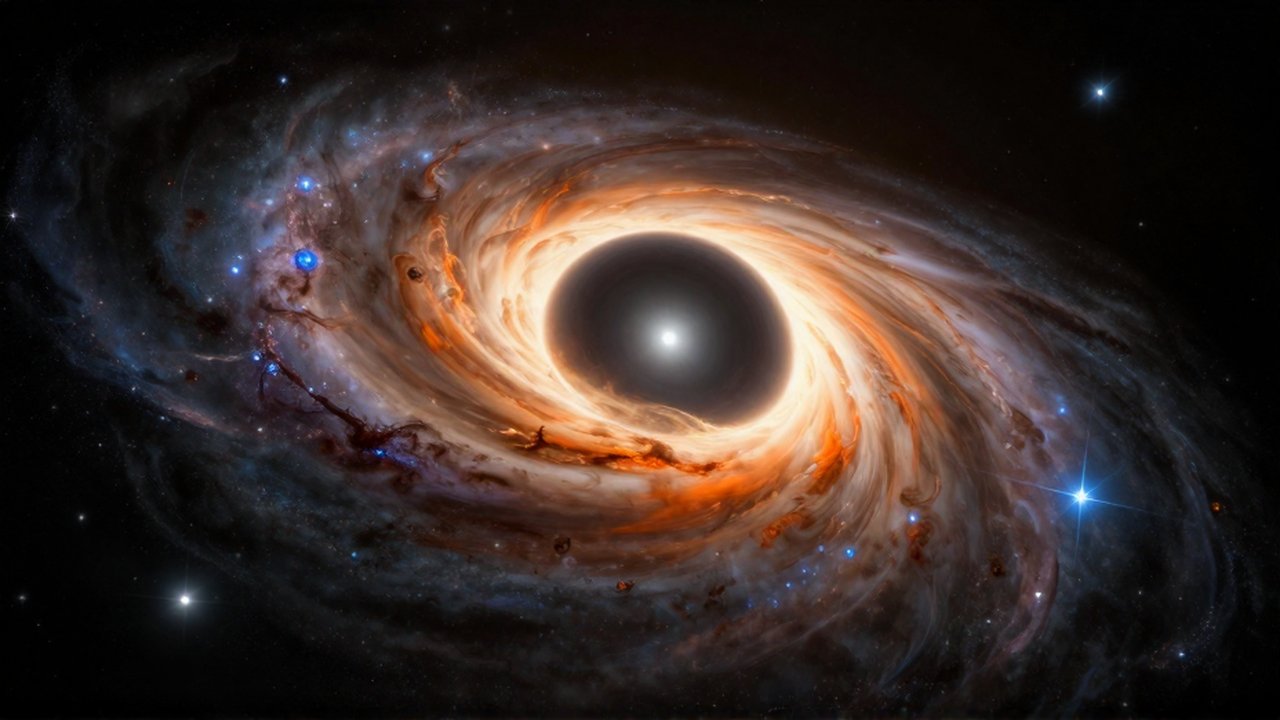 Agujero negro supermasivo con un disco de acreción brillante en el centro de una galaxia en colisión.