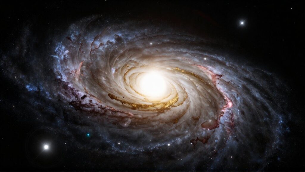 Agujero negro supermasivo con un disco de acreción dorado rodeado de nubes de gas y estrellas.