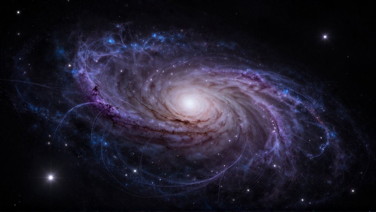 Espiral de una galaxia majestuosa envuelta en filamentos de materia oscura y nebulosas violetas.