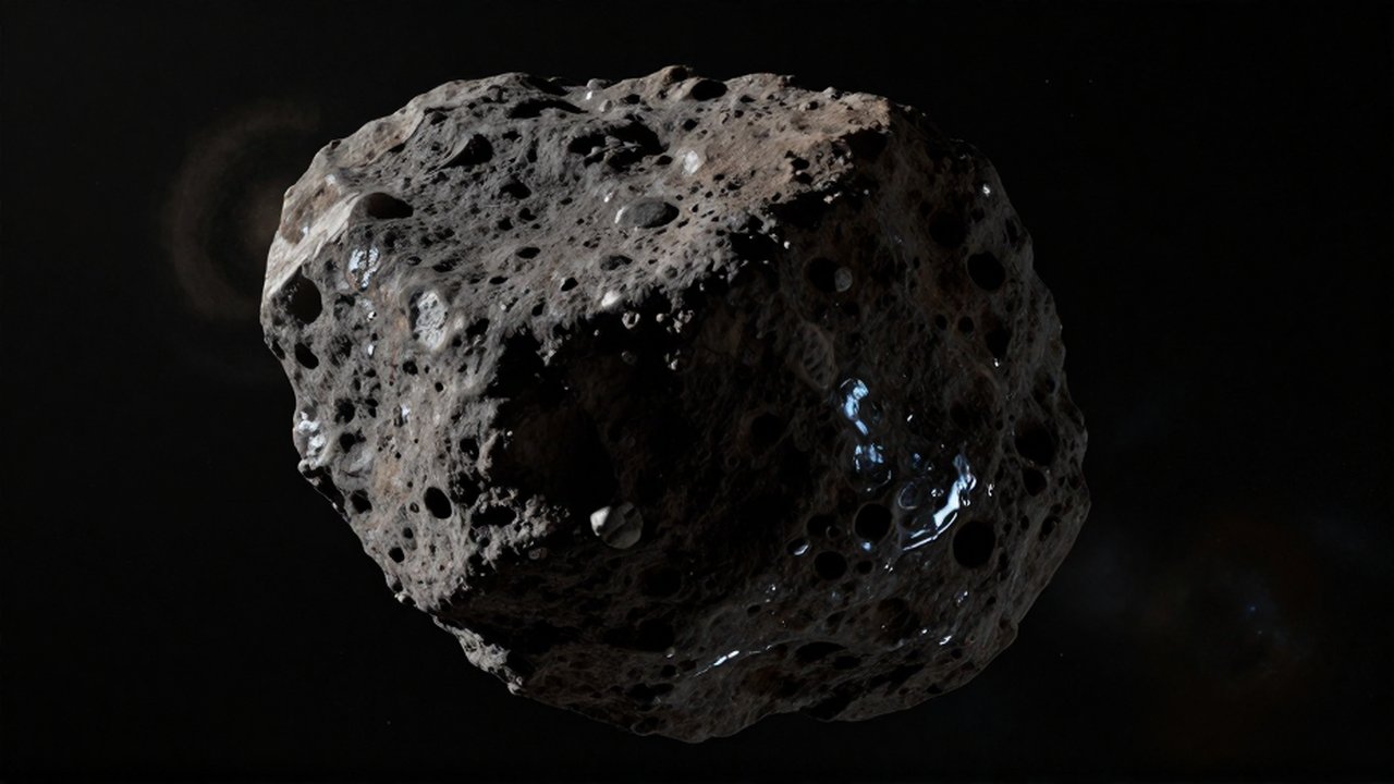 Asteroide oscuro y rugoso con pequeños destellos de hielo flotando en la inmensidad del espacio.
