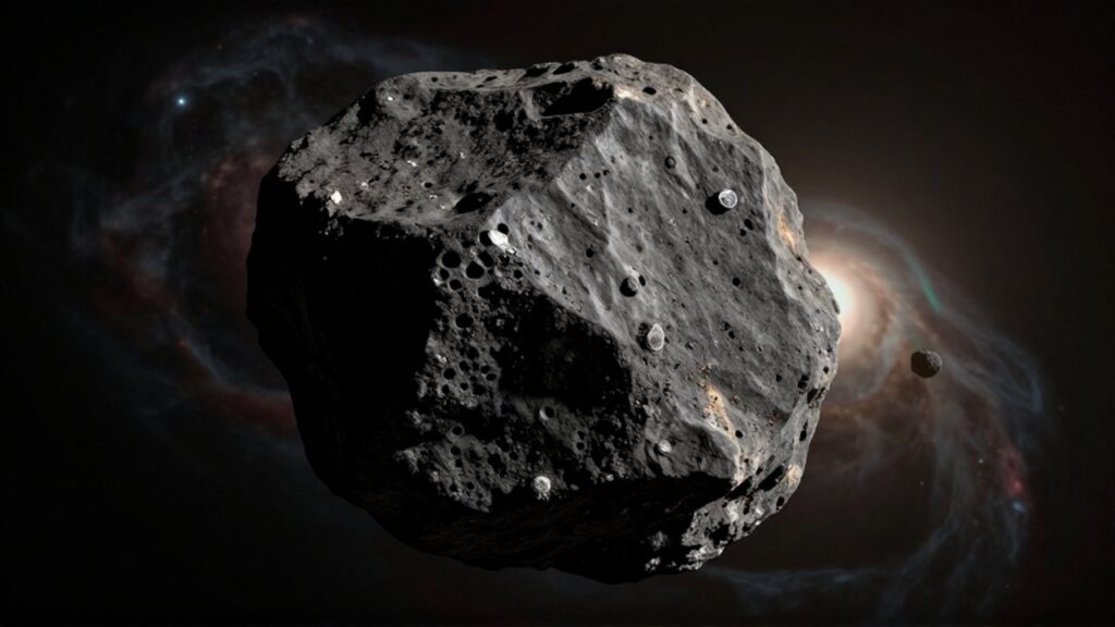 Asteroide carbonáceo de superficie irregular y porosa flotando en el espacio frente a una nebulosa lejana.