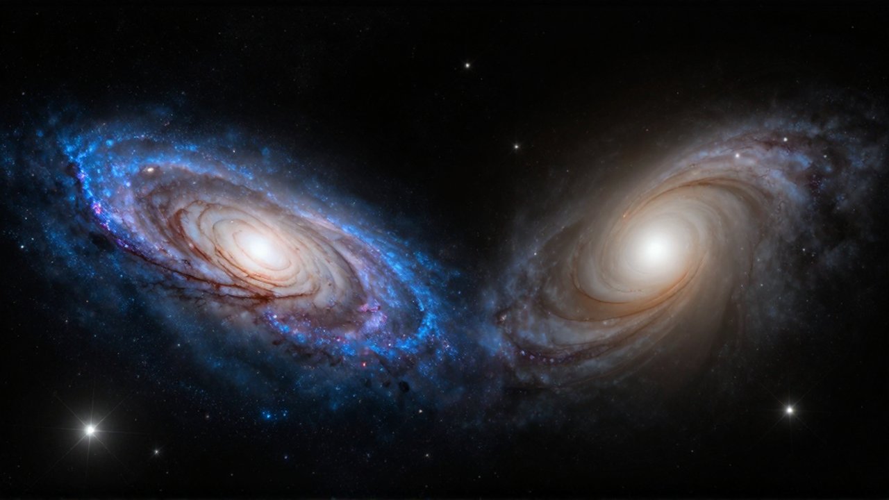 Una galaxia espiral de brazos azules brillantes junto a una galaxia lenticular de núcleo dorado sobre un fondo cósmico.