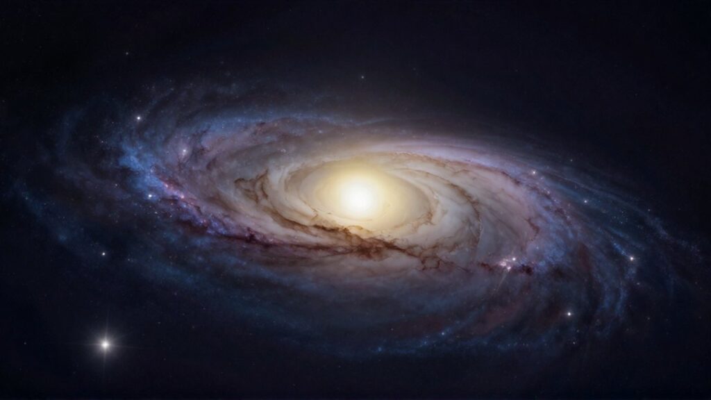 Galaxia lenticular con un centro brillante de estrellas amarillas sobre un fondo de espacio profundo.
